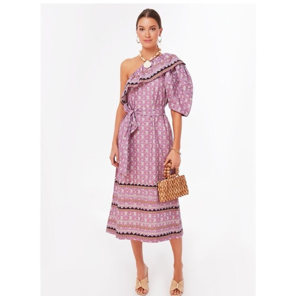 Sea NY Perry Border One Shoulder Floral Dress Lilac Puff Sleeve Midi Sz XS